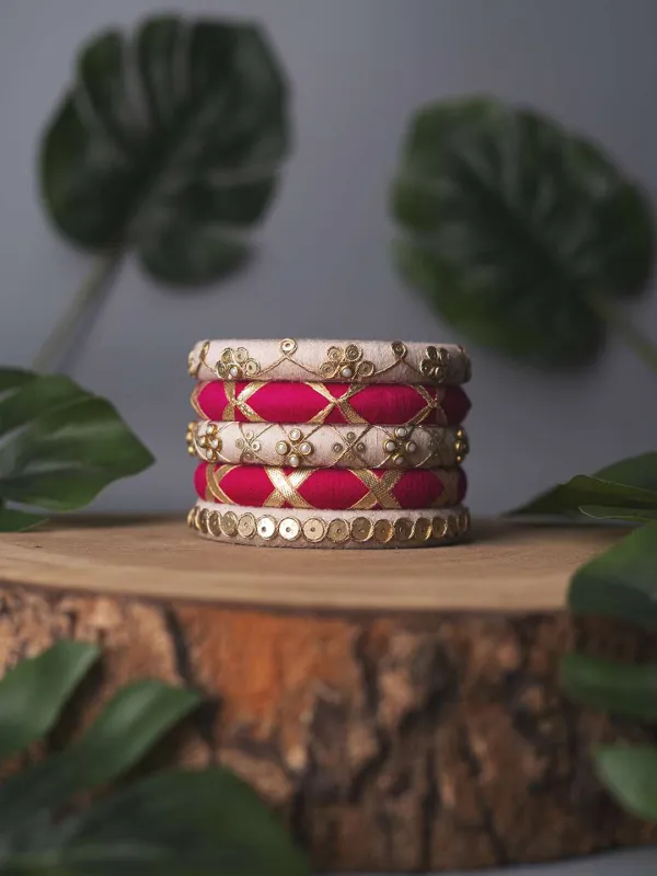 Neha Silk Thread Gotapatti Bangles - Pink and Off White